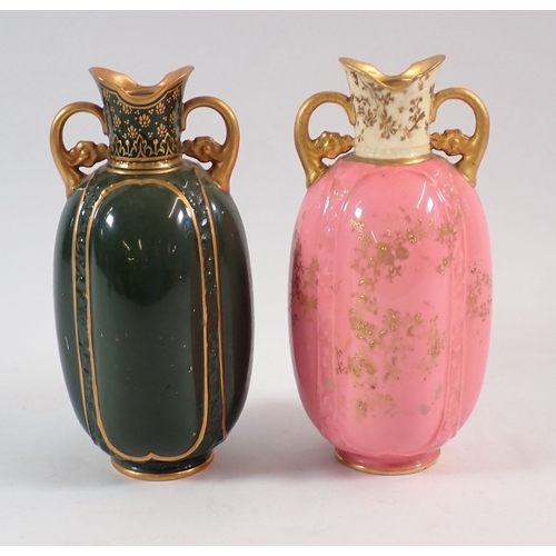 138 - A Royal Doulton pair of vases painted landscapes on pink and green grounds, signed C Hart and W Brow... 