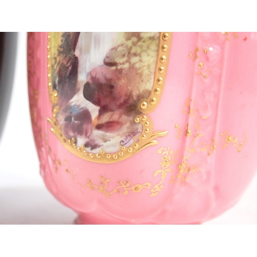 138 - A Royal Doulton pair of vases painted landscapes on pink and green grounds, signed C Hart and W Brow... 