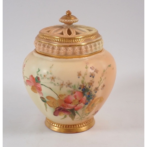141 - A Royal Worcester ivory blush pot pouri and lid painted spray of flowers, No. 1314 (no inner lid) 13... 