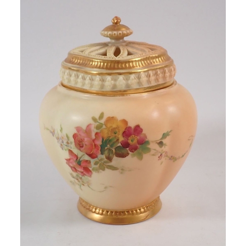141 - A Royal Worcester ivory blush pot pouri and lid painted spray of flowers, No. 1314 (no inner lid) 13... 