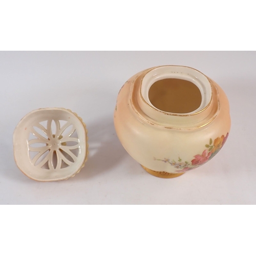 141 - A Royal Worcester ivory blush pot pouri and lid painted spray of flowers, No. 1314 (no inner lid) 13... 