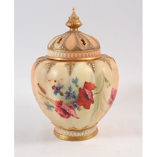 142 - A Royal Worcester ivory blush pot pouri with cover and inner lid painted poppies, No. 1312, 17cm