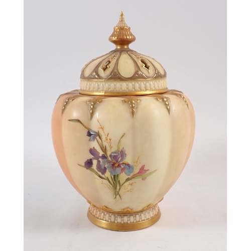 142 - A Royal Worcester ivory blush pot pouri with cover and inner lid painted poppies, No. 1312, 17cm