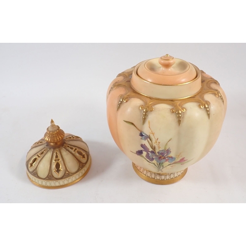 142 - A Royal Worcester ivory blush pot pouri with cover and inner lid painted poppies, No. 1312, 17cm