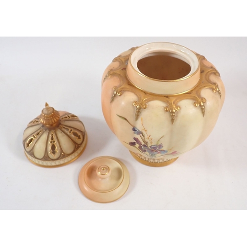 142 - A Royal Worcester ivory blush pot pouri with cover and inner lid painted poppies, No. 1312, 17cm