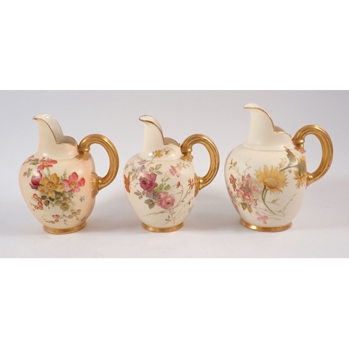 145 - Three Royal Worcester ivory blush jugs painted flowers No. 1094, tallest 13.5cm, one repaired