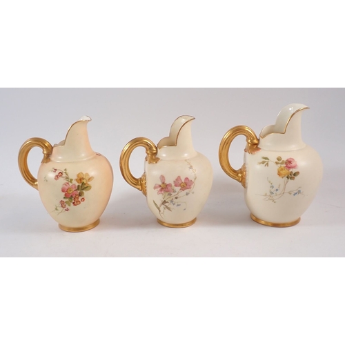 145 - Three Royal Worcester ivory blush jugs painted flowers No. 1094, tallest 13.5cm, one repaired