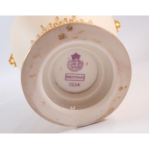 146 - A large Royal Worcester ivory blush vase painted 'Loves Lies Bleeding' with griffin and mask handles... 