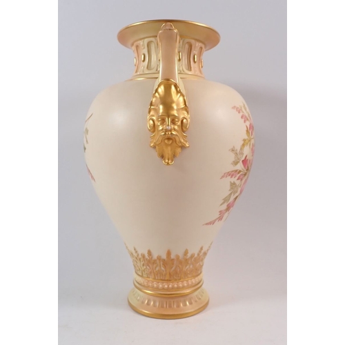 146 - A large Royal Worcester ivory blush vase painted 'Loves Lies Bleeding' with griffin and mask handles... 
