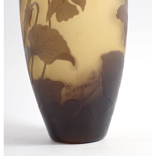 155 - A French glass Galle style vase by D'argental acid etched violet flowers, 15cm high