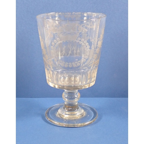 156 - A Georgian Masonic engraved glass rummer, circa 1820, 20.5cm tall a/f