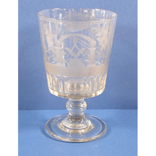 156 - A Georgian Masonic engraved glass rummer, circa 1820, 20.5cm tall a/f