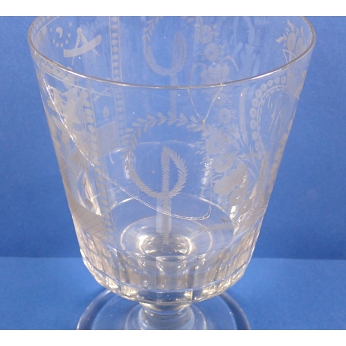 156 - A Georgian Masonic engraved glass rummer, circa 1820, 20.5cm tall a/f