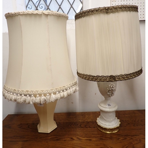 16 - A white ceramic French style table lamp with applied floral and swag decoration, 40cm to the light f... 