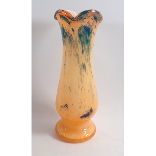 160 - A peach and mottled blue glass vase by Musee De La Verrere, 33.5cm