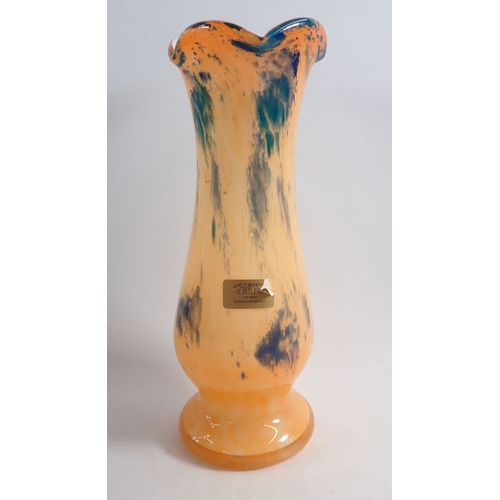 160 - A peach and mottled blue glass vase by Musee De La Verrere, 33.5cm