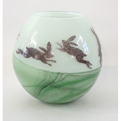 161 - An Art glass vase by Siddy Langley with band of hares playing, 17cm tall