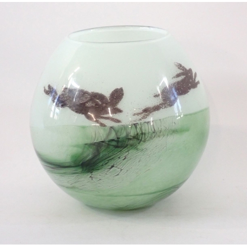 161 - An Art glass vase by Siddy Langley with band of hares playing, 17cm tall