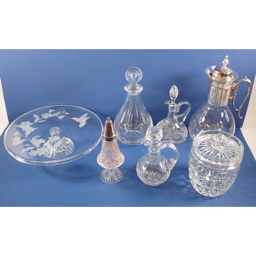 164 - A collection of glass including Royal Doulton decanter, cut glass biscuit barrel etc.