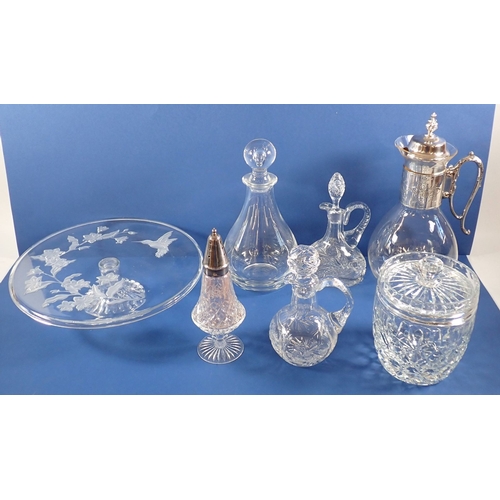 164 - A collection of glass including Royal Doulton decanter, cut glass biscuit barrel etc.