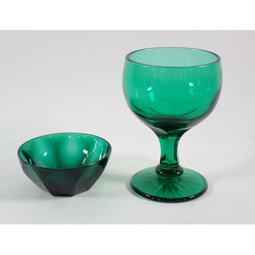 165 - A 19th century large green glass goblet 15cm tall and a facet cut bowl