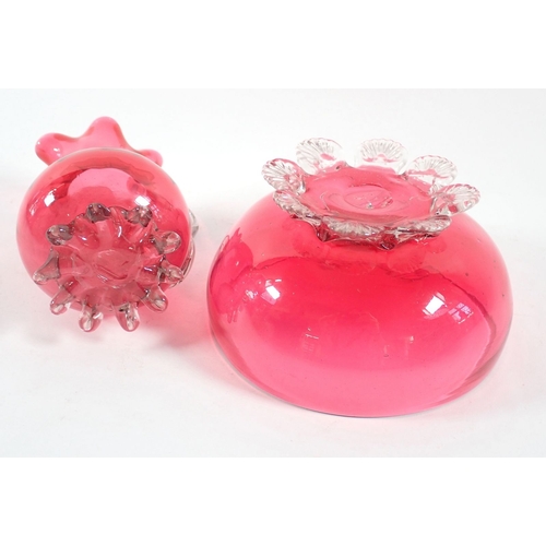 166 - A Victorian cranberry glass frill top jug and bowl, jug 10cm tall