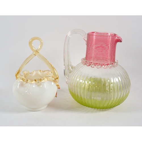 167 - A Victorian glass large jug with cranberry and vaseline glass trailed decoration to top and bottom, ... 