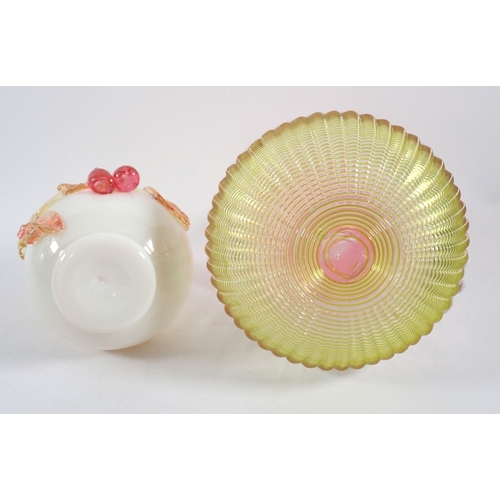 167 - A Victorian glass large jug with cranberry and vaseline glass trailed decoration to top and bottom, ... 
