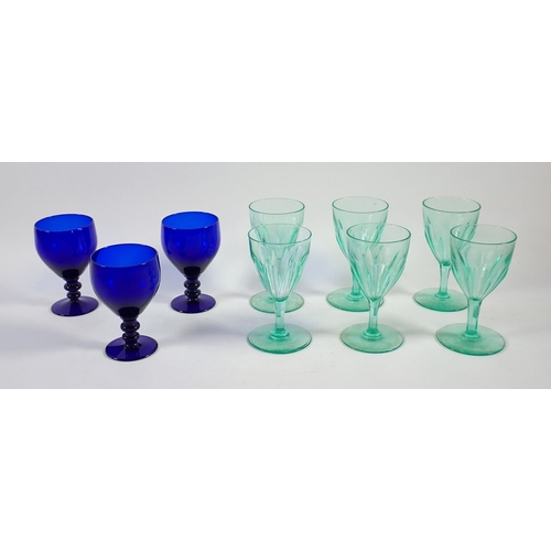 168 - A set of six green faceted wine glasses and three Bristol Blue glasses 11cm