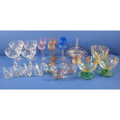 169 - A set of six Harlequin sherry glasses, three floral painted cups, set of four cut glass champagne co... 