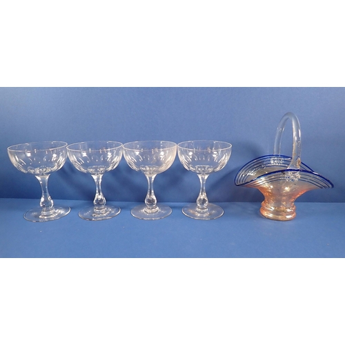 169 - A set of six Harlequin sherry glasses, three floral painted cups, set of four cut glass champagne co... 