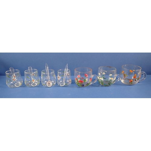 169 - A set of six Harlequin sherry glasses, three floral painted cups, set of four cut glass champagne co... 