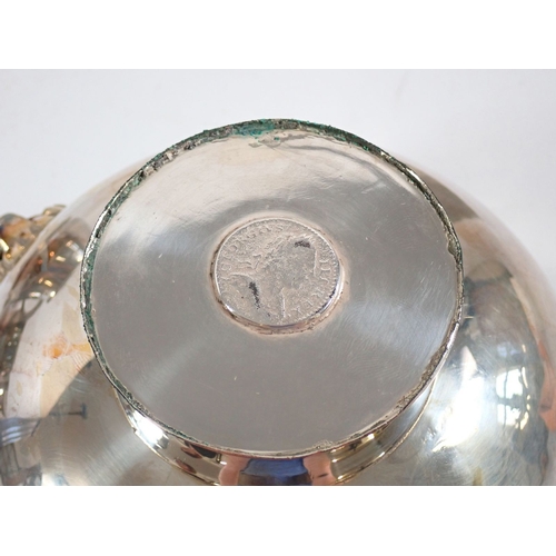 187 - A collection of silver plate including a footed bowl set Georgian coin, two silver plate tankards an... 