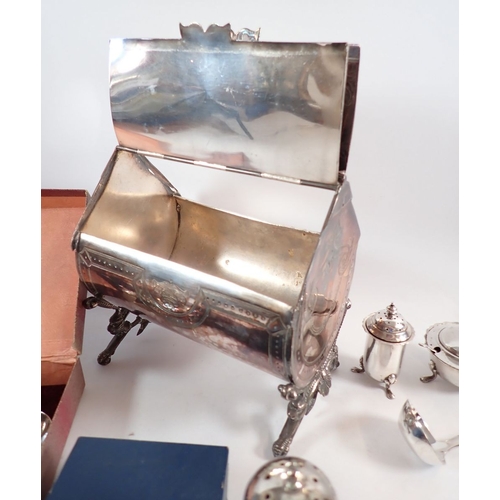 192 - A group of various silver plated items including biscuit box, cruets etc.