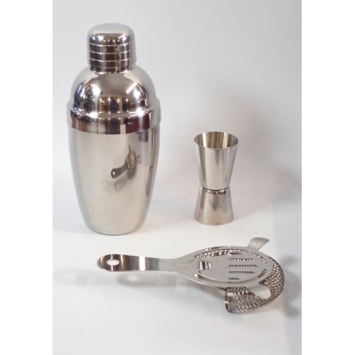 199 - A silver plated cocktail set, a corkscrew and wine funnel - all boxed, as new