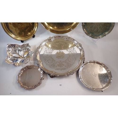 201 - A large Victorian silver plated salver, 43cm diameter, another salver on claw feet, two further salv... 