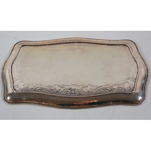 208 - An Arts & Crafts silver tray by Omar Ramsden engraved flowers, dove and 'Hilda' all within hammered ... 