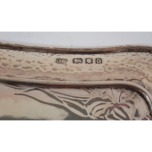 208 - An Arts & Crafts silver tray by Omar Ramsden engraved flowers, dove and 'Hilda' all within hammered ... 