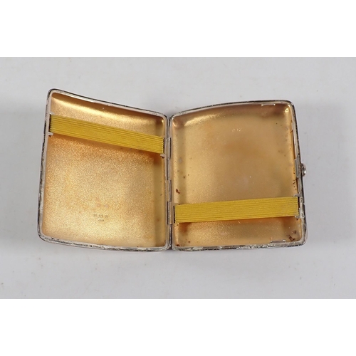 217 - A silver cigarette case by William Hair Haselet with gilt interior, Birmingham 1912, 9 x 8cm, 87g