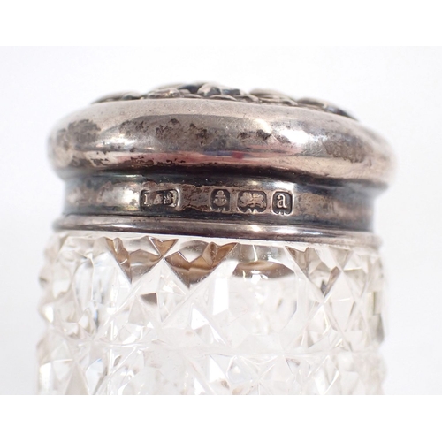 223 - A cut glass and silver topped dressing table bottle, 8.5cm, Birmingham 1900 and a Victorian three ha... 
