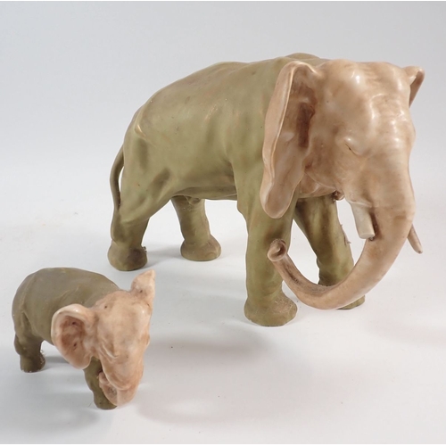 25 - Two Royal Dux elephants (mother elephant a/f) and a bull elephant - a/f, largest 27cm long