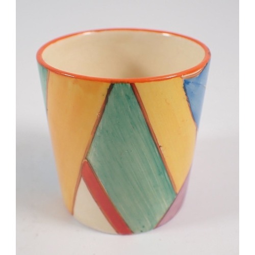 44 - Clarice Cliff 'Gay Day' candlesticks, a/f plus a Clarice Cliff Fantasque Bizarre beaker/cup in the b... 