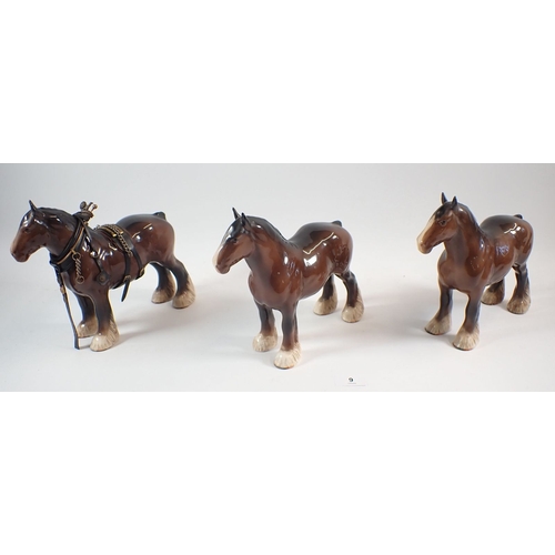 9 - Three Beswick Shire horses - one with harness, 21cm high