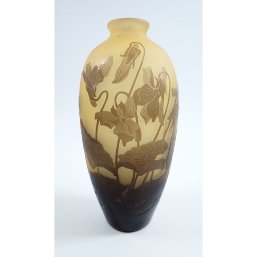 155 - A French glass Galle style vase by D'argental acid etched violet flowers, 15cm high