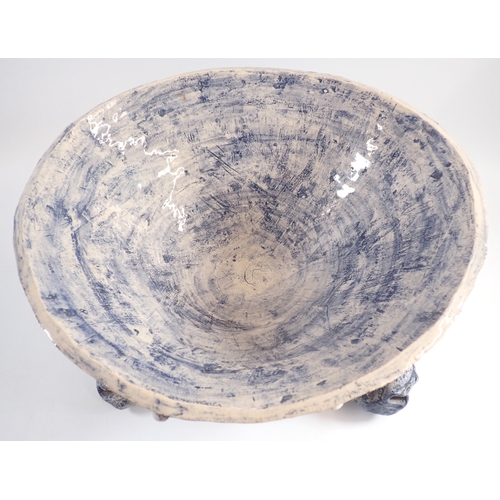 21 - A large blue studio pottery triple bulls head bowl (ex Prince of Wales workshop) 39cm diameter