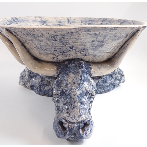 21 - A large blue studio pottery triple bulls head bowl (ex Prince of Wales workshop) 39cm diameter