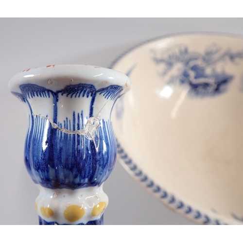 26 - A blue and white group including Yeddo pattern toiletry bowl, various jugs and bowl plus a faience c... 
