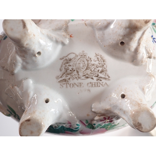 34 - A Victorian small ironstone tureen and stand with ladle and lid painted flowers, 24cm wide