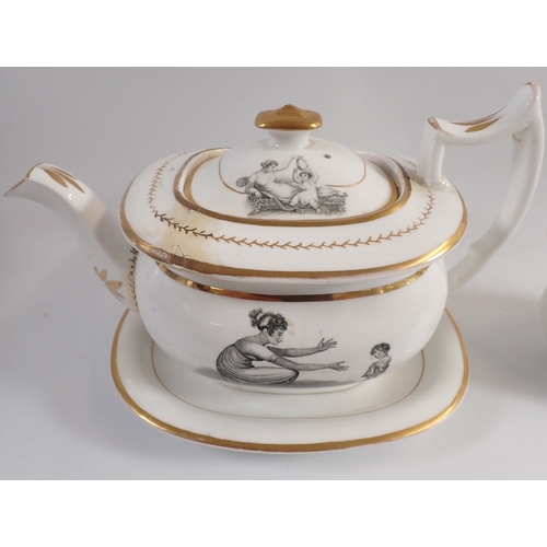 35 - A Liverpool porcelain back printed part tea service decorated mother and child comprising teapot - a... 