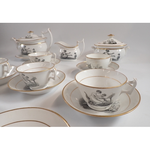 35 - A Liverpool porcelain back printed part tea service decorated mother and child comprising teapot - a... 
